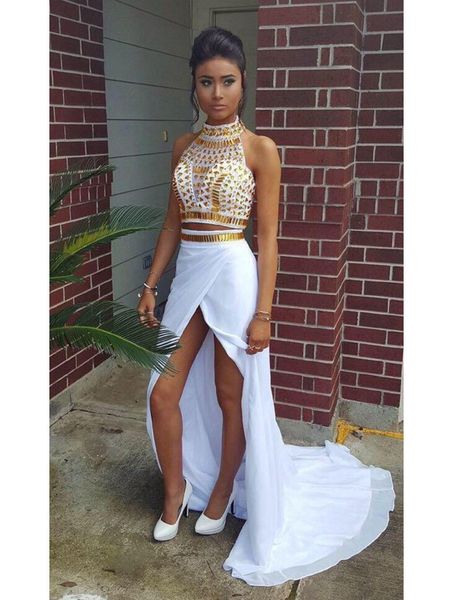 

new design 2 pieces prom dresses high neck gold crystals white chiffon front slit party evening gowns robe de soiree custom made, Black