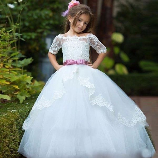 

vintage ball gown boat neck short sleeve flower girls dresses bow ribbons lace appliques tiered first holly communion dress sweep train, White;blue