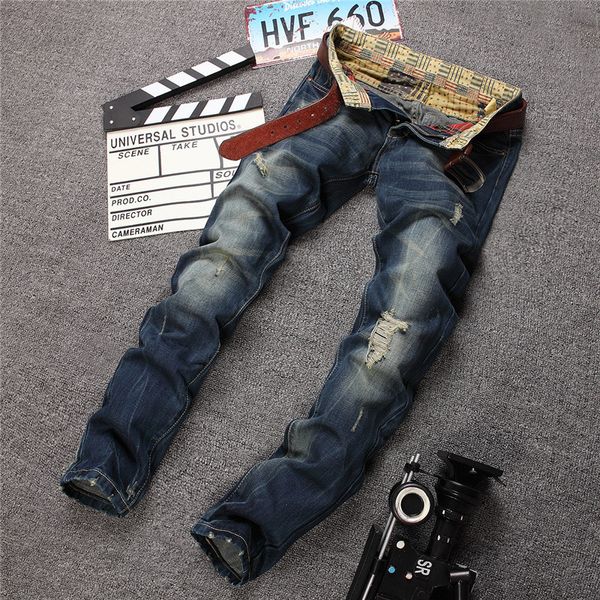 HOT Fashion Spring Casual nuova toppa blu chiaro foro strappato maschio patch mendicante jeans pantaloni europei da uomo dritto