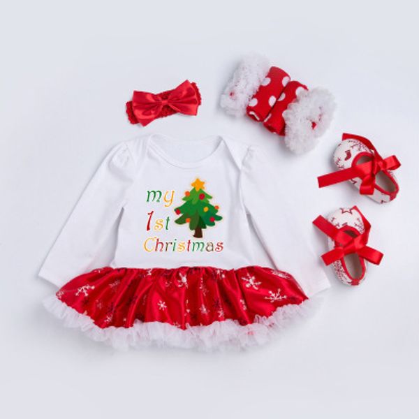 

new christmas baby girls set xmas newborn clothing infant toddler baby girls romper dress+leg warmers +shoes+headband 4pcs set outfits, White