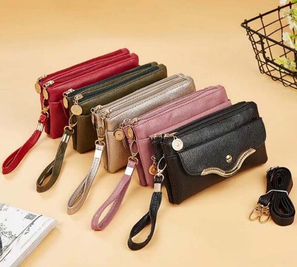 

300pcs 2017 double zipper women pu coin purses mix color long hasp shoulder bags, Red;black