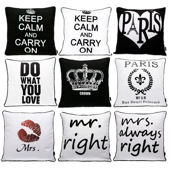 Modern Black And White Cushion Cover English Letters Happy Love