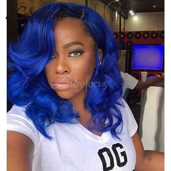 Lady Focus Blue Full Lace Human Hair Wigs Bleached Knots Dark