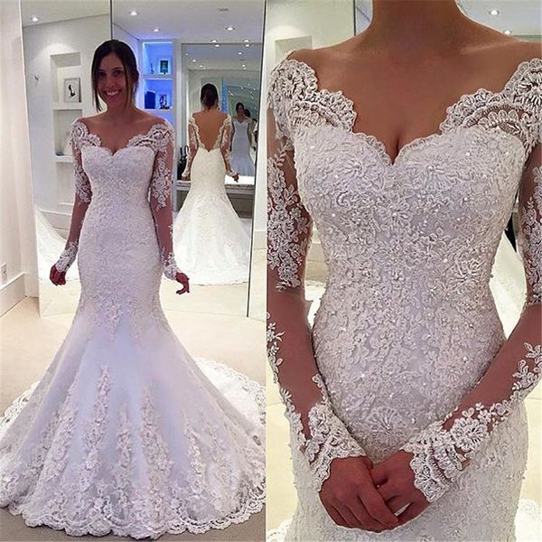 

Elegant Satin Lace Mermaid Wedding Dress High Quality Custom Made V Neck Long Sleeves Bridal Dresses New Arrival
