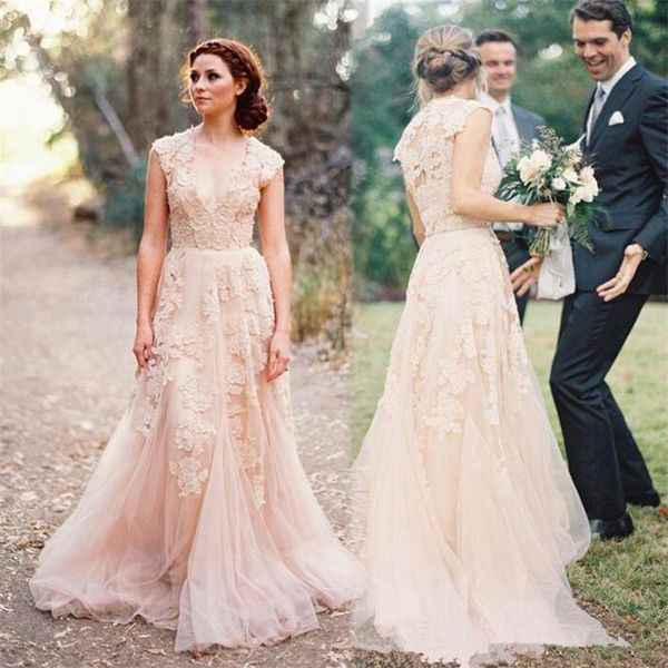 

vintage blush lace appliques wedding dresses deep v neck capped sleeves court train bridal gowns plus size vestido de noiva custom made, White