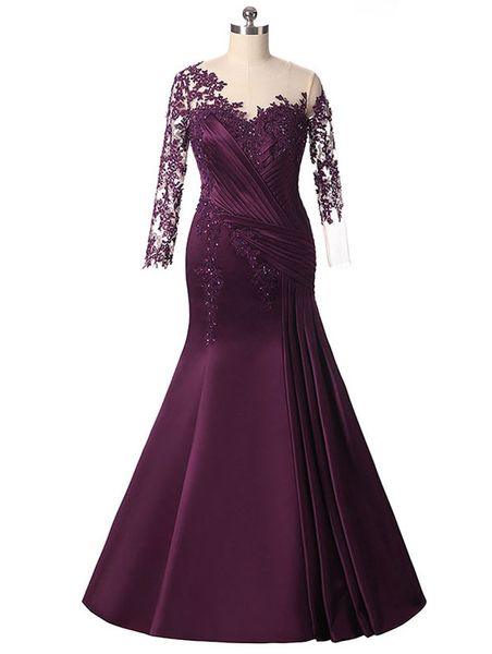 

Rose Moda Long Sleeves Purple Mermaid Mother's Dresses Formal Appliques Party Dress Plus Size Beads Evening Gowns 2017 Custom Made