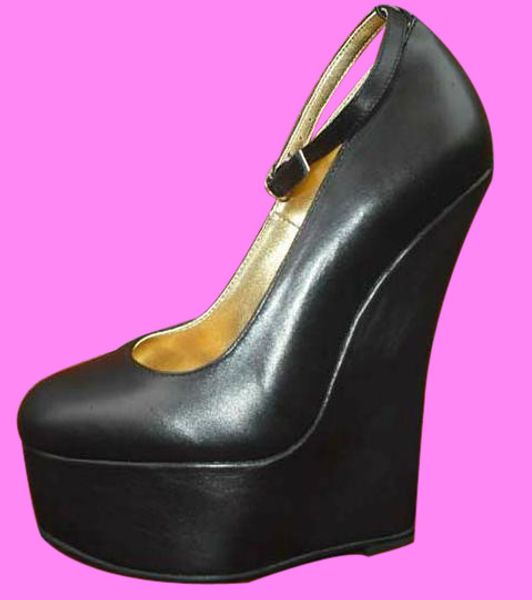 

16cm heel height genuine leather round toe wedges heel pumps party shoes heels us size 5-14.5 no.y1608, Black