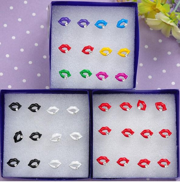 

90 pairs/ 15 boxes cartoon lips kiss crystal ear studs earstud earrings jewelry sweet ear studs + sers, Golden;silver