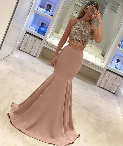 

two piece mermaid prom dresses 2017 sparkly beaded crystal high neck sleeveless celebrity evening gowns vestidos de fiesta, Black