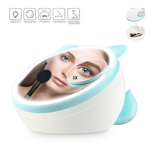 

makeup mirror light cute fox rechargeable led lighted with organizer and magnifying,touch screen vanity mirror with removable 3x magnifying