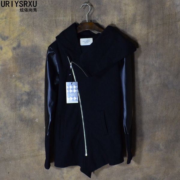 

wholesale-cultivate morality fashion men hoodies leather sleeve splicing inclined zipper hooded big yards fleece jackets, Black