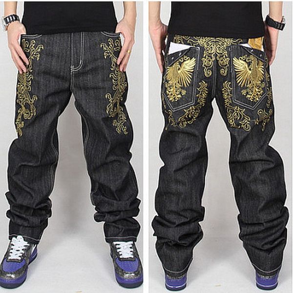 Wholesale-phoenix Gold Embroidery Men Baggy Jeans Mens Hip Hop Jeans Long Loose fashion Skateboard Baggy Relaxed Fit Jeans For Men Pants