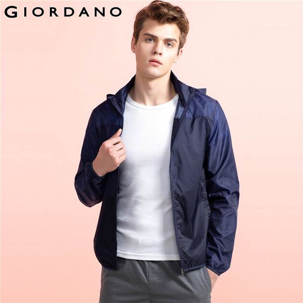 

wholesale- giordano men windbreaker hidden hooded jacket zipper outerwear mock neck long sleeves windbreaker brand clothing casual jacket, Tan;black