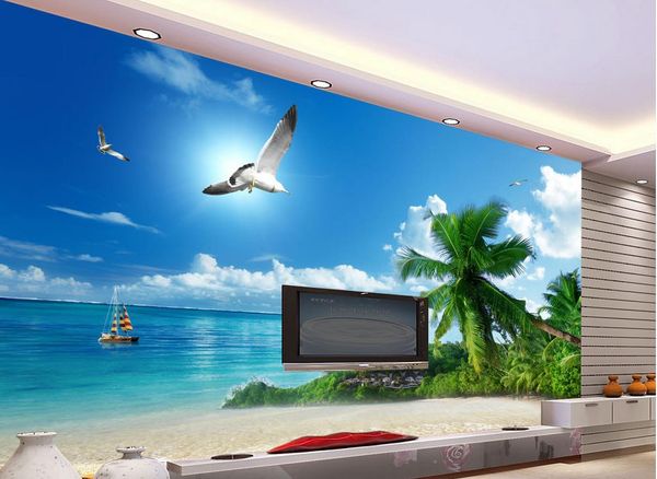 Paisagem mediterrânica céu azul praia TV parede mural 3d papel de parede 3d papéis de parede para o pano de fundo tv