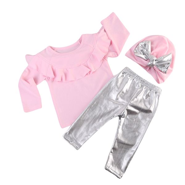 New Baby Girl Roupas Set Manga Longa Ruffles Rosa T-Shirt Tops + Leggings De Couro De Prata Calças + Chapéu Bowknot 3 PCS Roupas Meninas Set