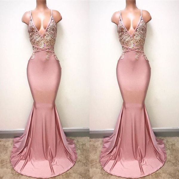 

dusty pink prom dresses with deep v neck appliques beads mermaid evening dress sleeveless back cocktail party gowns formal wear, Black