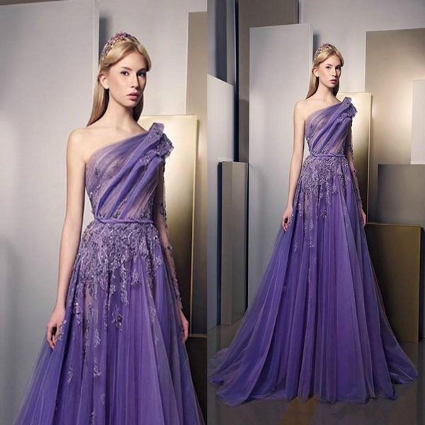 Eine Linie Lavendel-Abschlussball-Kleider, appliziertes Spitzen-Partykleid, einschultriges Abschlusskleid für die 8. Klasse, gerüschtes Tüll-Frühlingskleid 2017, Maxikleider Robe de