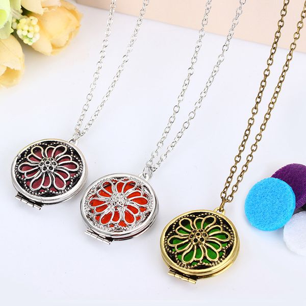 

support fba drop shipping hollow flowers aroma perfume locket pendant necklace essential oil aroma diffuser necklace women accessories b398q, Silver