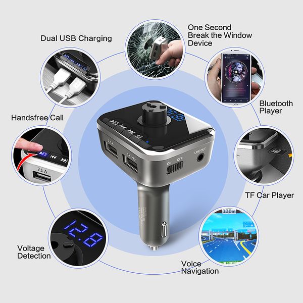

s05 car security hammers bluetooth handkit mp3 tf /u disk music player fm wireless transmitter dual usb charger support aux3.5