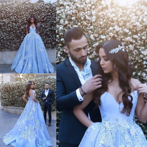 Ocean Blue 2017 Vestidos De Novia Puffy Ball Gown Prom Dresses Sexy spalle scoperte Appliques di pizzo Abiti da sera Abito da cerimonia formale arabo