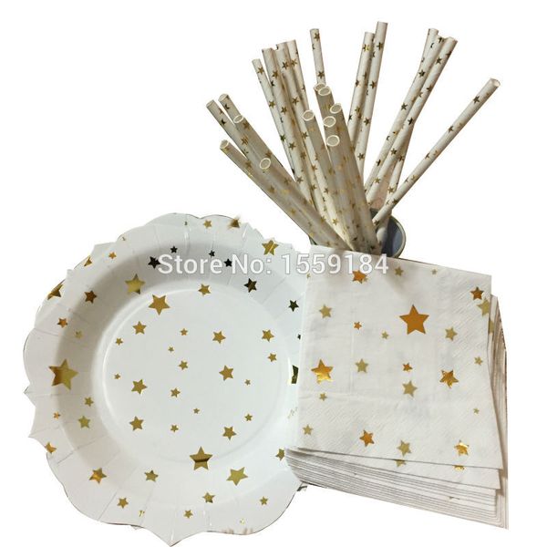 

wholesale- 2016 new design foil gold star tableware paper plate napkin straws for baby shower birthday party wedding decoration
