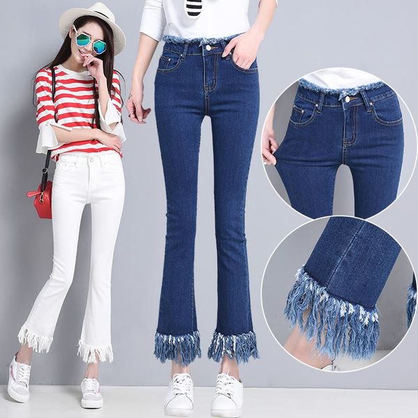 

bellbottoms female nine pants jeans 2017 new spring waist thin micro burr tassel korean horn tide, Blue