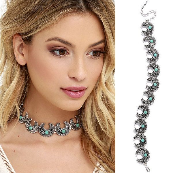 

bohemia retro style horn moon shape choker turquoise silver-plated alloy exaggerated personality choker necklace women girls' jewelry gift