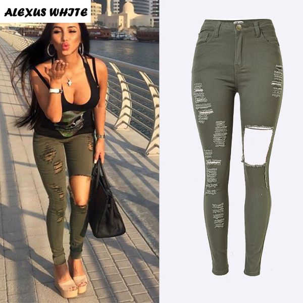 

wholesale- high waist ripped jeans women 2017 army green hole denim trousers ladies skinny pencil pants femme pantalon, Blue