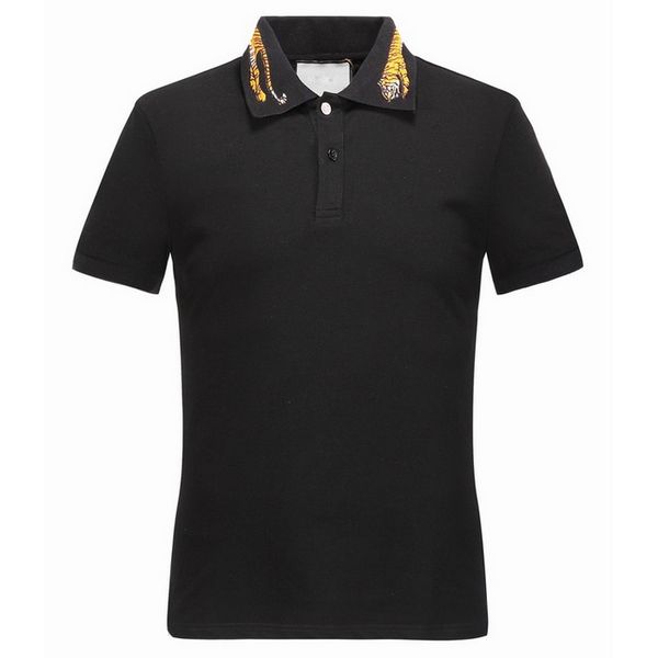 

tiger turn collar embroidery sleeved men leisure cotton short neck shirt hem stretch split polo polo wwubf, Black