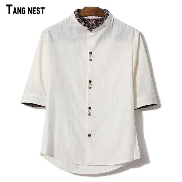 

оптовая продажа-tangnest мужчины льняные рубашки новое лето с короткими рукавами лоскутное v-образным вырезом воротник досуг рубашки мужской, White;black