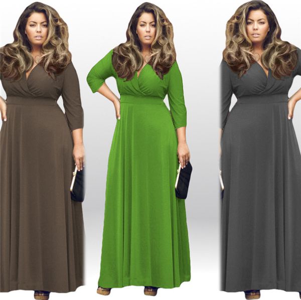 

buyter(tm) plus size l-xxxxl women summer maxi solid v-neck three quarter sleeve elegant evening party dress, Black;gray
