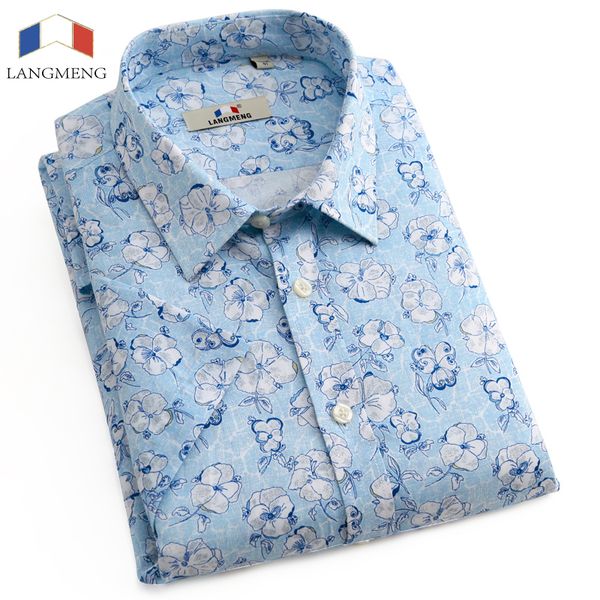 

wholesale- langmeng 2016 fashion men shirt casual slim fit short sleeve dress camisa masculina floral printed shirts, White;black