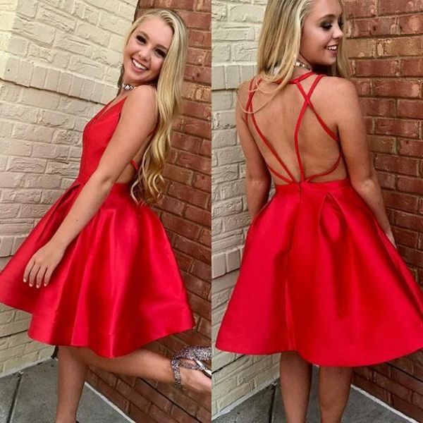 

new simple red v neck short cocktail dresses a-line sleeveless sweet mini homecoming dresses for girls, Black