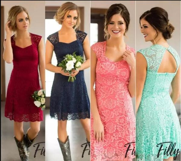

New Vintage Country Bridesmaid Dresses Full Lace Cap Sleeves Champagne Sheath Wedding Guest Party Dresses Maid of Honor Gowns