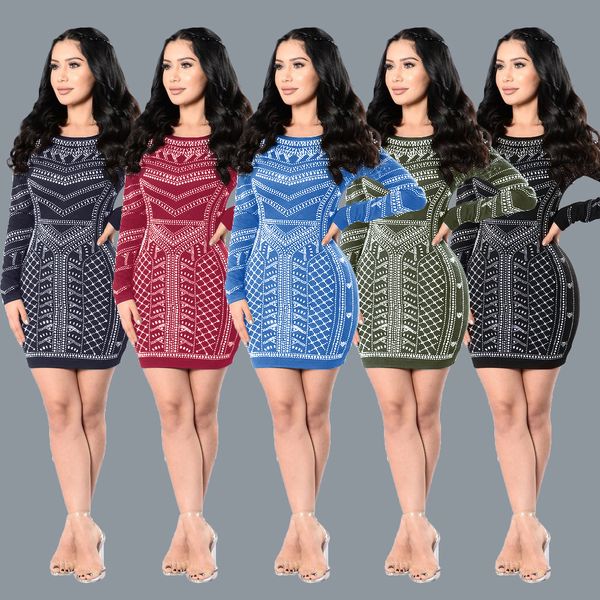 

Fashion Evening Party Cocktail Prom Tight Short Dress Bodycon Bandage Print Mini Dresses Scoop Neck Long Sleeve Skinny Clubwear