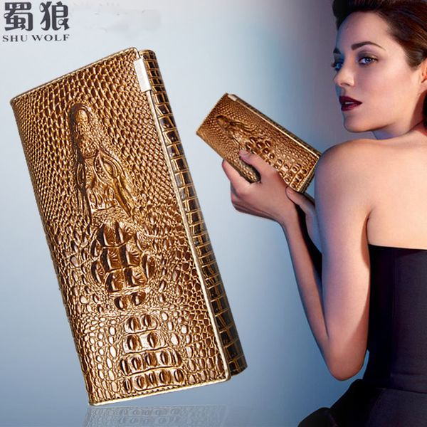 

wholesale- shu wolf women wallet hasp coin purses holders enuine leather 3d embossing alligator ladies crocodile long clutch wallets, Red;black