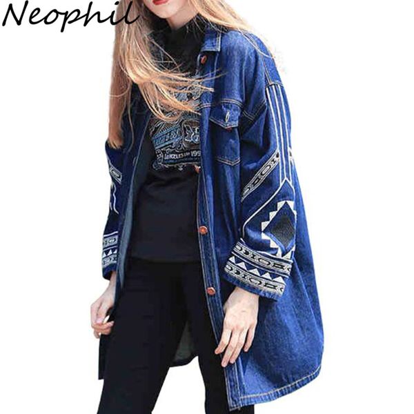 

wholesale- neophil 2016 winter vintage women long denim jeans bobo geometric embroidery jackets long batwing sleeve jaqueta feminina c1008, Black;brown