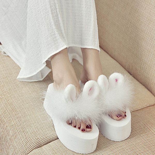 

Fur Slide Flip Flops Women Rabit Ostrich Feather Home Slippers Sweet Fenty Wedges Slippers Beach Pantufa Platform Casual Chinelo