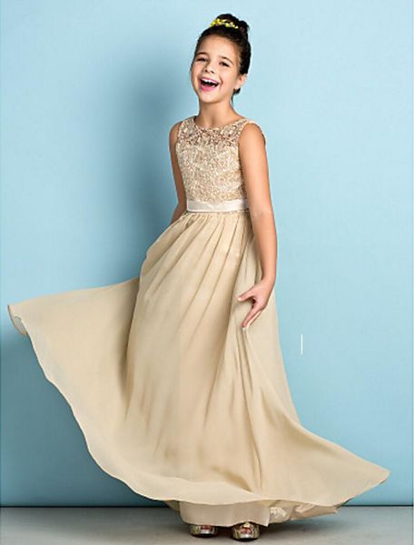 

Champagne Lace Junior Bridesmaid Dresses 2017 Floor-length Chiffon Long A-line Scoop Flower Girls Dresses For Bridesmaids Cheap