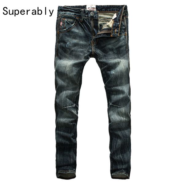 Wholesale- Hot Sale Men`s Dark Distressed Jeans Mid Stripe Slim Straight Denim Pants Male Superably Brand Jeans Men 28-38 206-2