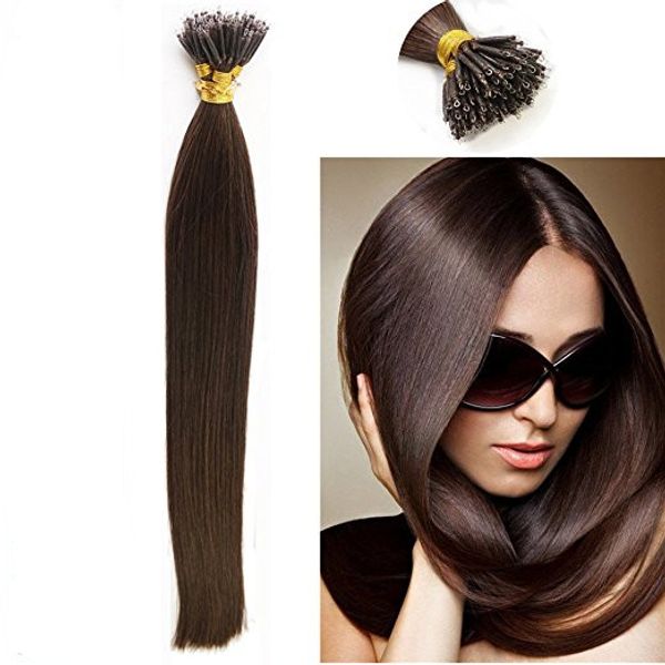 

16''-22''straight remy nano ring tip human hair extensions with nano rings 1g/s 100s #2 dark brown color, Black