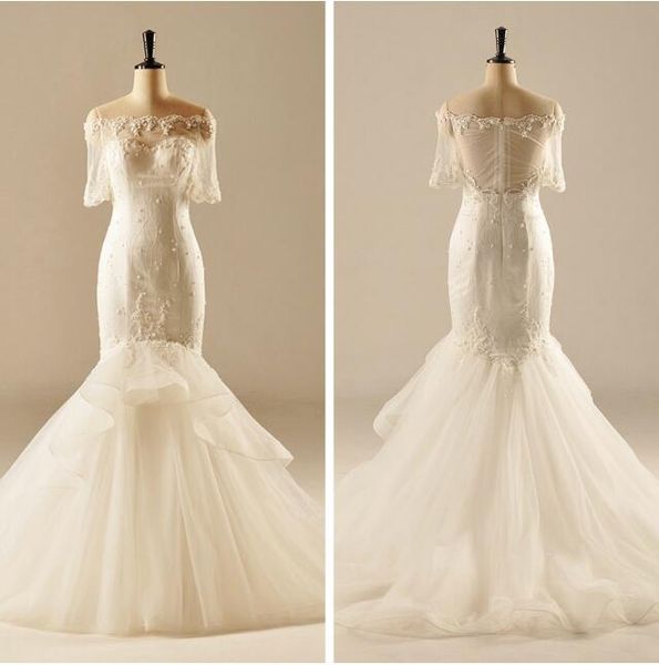 Abito da sposa dalla vestibilità modesta e svasata 1/2 manica Bateau Perle scintillanti Applique in pizzo Elegante sirena avorio Illusion Abiti da sposa country