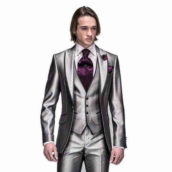 Yeni Gelenler Tek Düğme Gümüş Damat Smokin Tepe Yaka Groomsmen En Iyi Adam Mens Düğün Takım Elbise (Ceket + Pantolon + Yelek + Kravat) H: 498