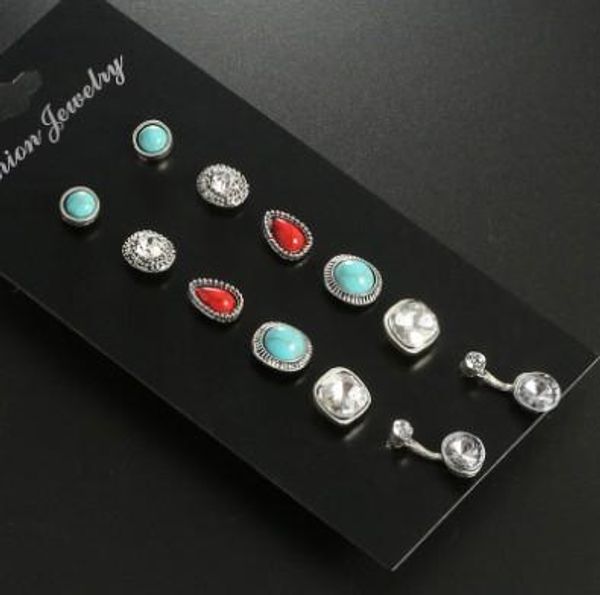 

pair 6 set stud earrings sets waterdrop fake gemstone ,geometric turquoise decorated ear stud earrings gifts for her, Golden;silver