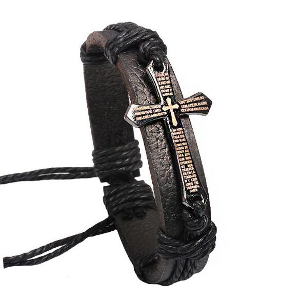 Kreuz Bibel Charm geflochtenes Armband für Männer Frauen Wickelschmuck handgefertigtes schwarzes Vintage-Lederarmband Retro-Armreif-Schmuck