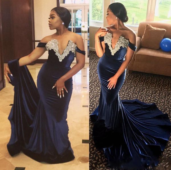 

deep v front velvet mermaid prom dresses off the shoulder modest party dress for girls appliques beaded sequins graduation gown navy blue, Black