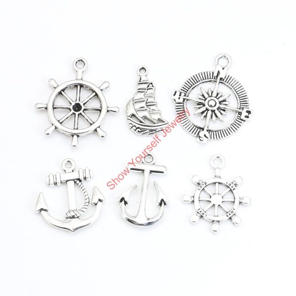 

wholesale- 18pcs mixed tibetan silver plated compass rudder anchor charms pendants for jewelry making diy handmade craft, Bronze;silver