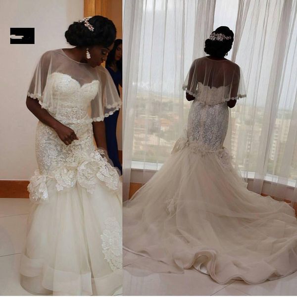 

arabic plus size wedding dresses with wraps /jackets sweetheart lace appliques tulle mermaid wedding gowns long bridal dress vestidos, White