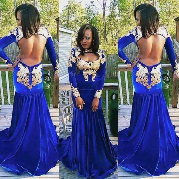 Sexy Open Back Royal Blue Prom Kleider 2k17 Schlüssellochausschnitt Lange Ärmel Meerjungfrau Abendkleider Mit Goldapplikationen Samt Frauen Vestidos