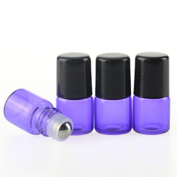 Atacado Roll On Bottles 1ml 2ml 3ml 5ml Frasco de óleo essencial de vidro roxo para perfume com rolo de metal